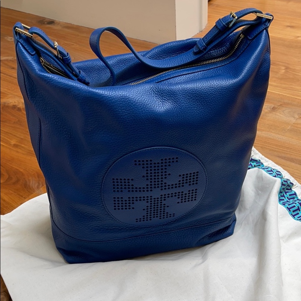 Tory Burch Navy Blue Perforated Logo Hobo Bag